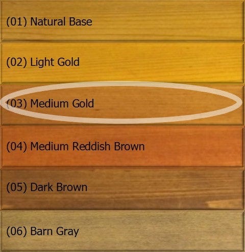 A color chart for Q8 LOG OIL by OUT showcasing six wood finish options: Natural Base, Light Gold, Medium Gold (circled), Medium Reddish Brown, Dark Brown, and Barn Gray—all crafted for superior exterior wood preservation.