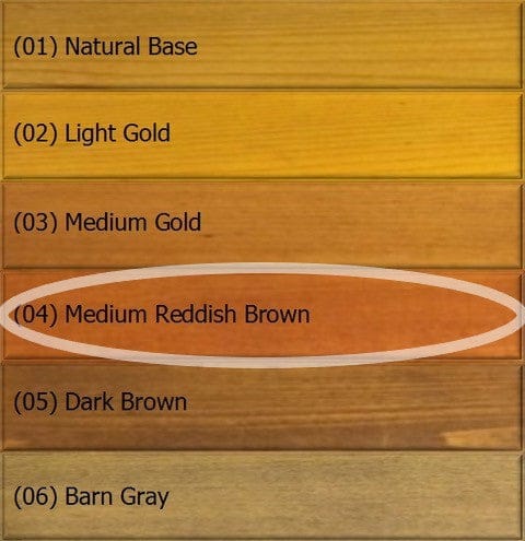 The wood stain color samples of Q8 LOG OIL by OUT, ideal for exterior wood preservation, range from Natural Base (01) to Barn Gray (06), with Medium Reddish Brown (04) highlighted.
