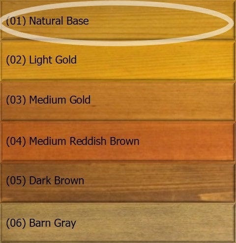 A wood stain sample chart featuring six colors from top to bottom: Natural Base, Light Gold, Medium Gold, Medium Reddish Brown, Dark Brown, and Barn Gray. Ideal for exterior wood preservation with water repellent properties. The product is Q8 LOG OIL by OUT.