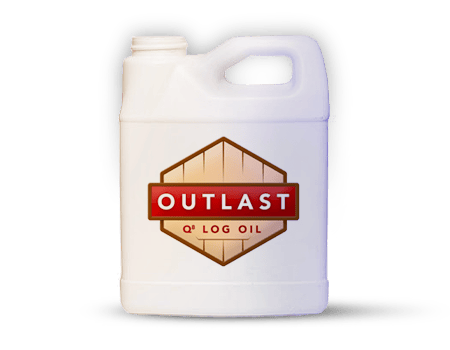 White plastic container with a handle, labeled "OUT Q8 LOG OIL," featuring a beige and brown hexagonal logo. This effective wood preservative ensures lasting exterior wood preservation while also serving as a water repellent.