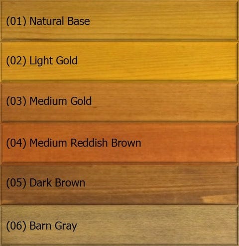 A color chart with six wooden samples: (01) Natural Base, (02) Light Gold, (03) Medium Gold, (04) Medium Reddish Brown, (05) Dark Brown, and (06) Barn Gray, perfect for exterior wood preservation using Q8 LOG OIL by OUT.