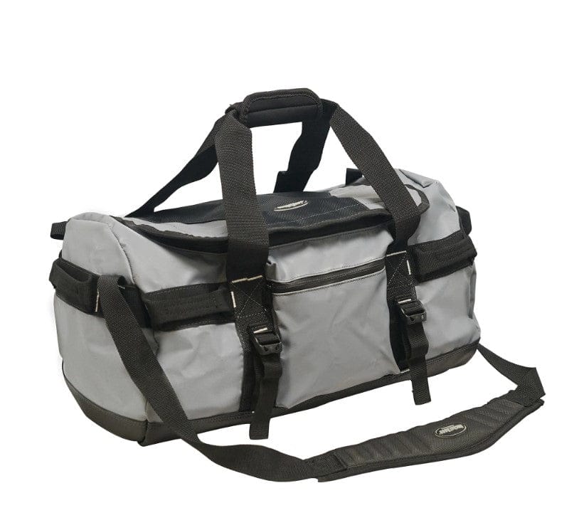 The PUL Shelter Institute Duffel is a gray and black waterproof tarpaulin bag, featuring weather resistance, multiple straps, and a zippered pocket, showcased against a white background.