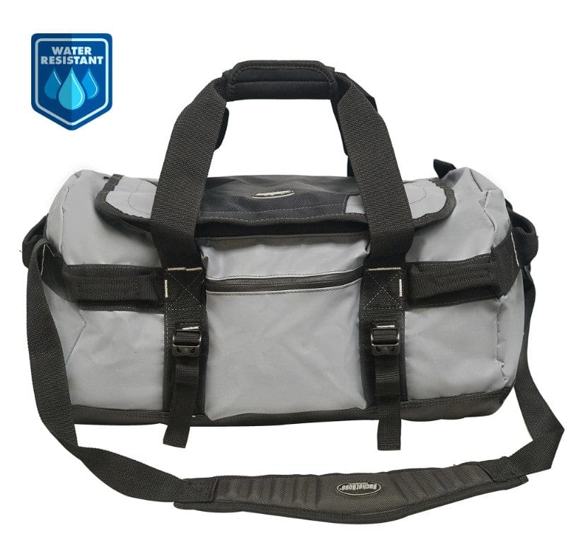 The PUL Shelter Institute Duffel, a gray and black bag, is made from waterproof tarpaulin and includes multiple straps with a "Water Resistant" label.
