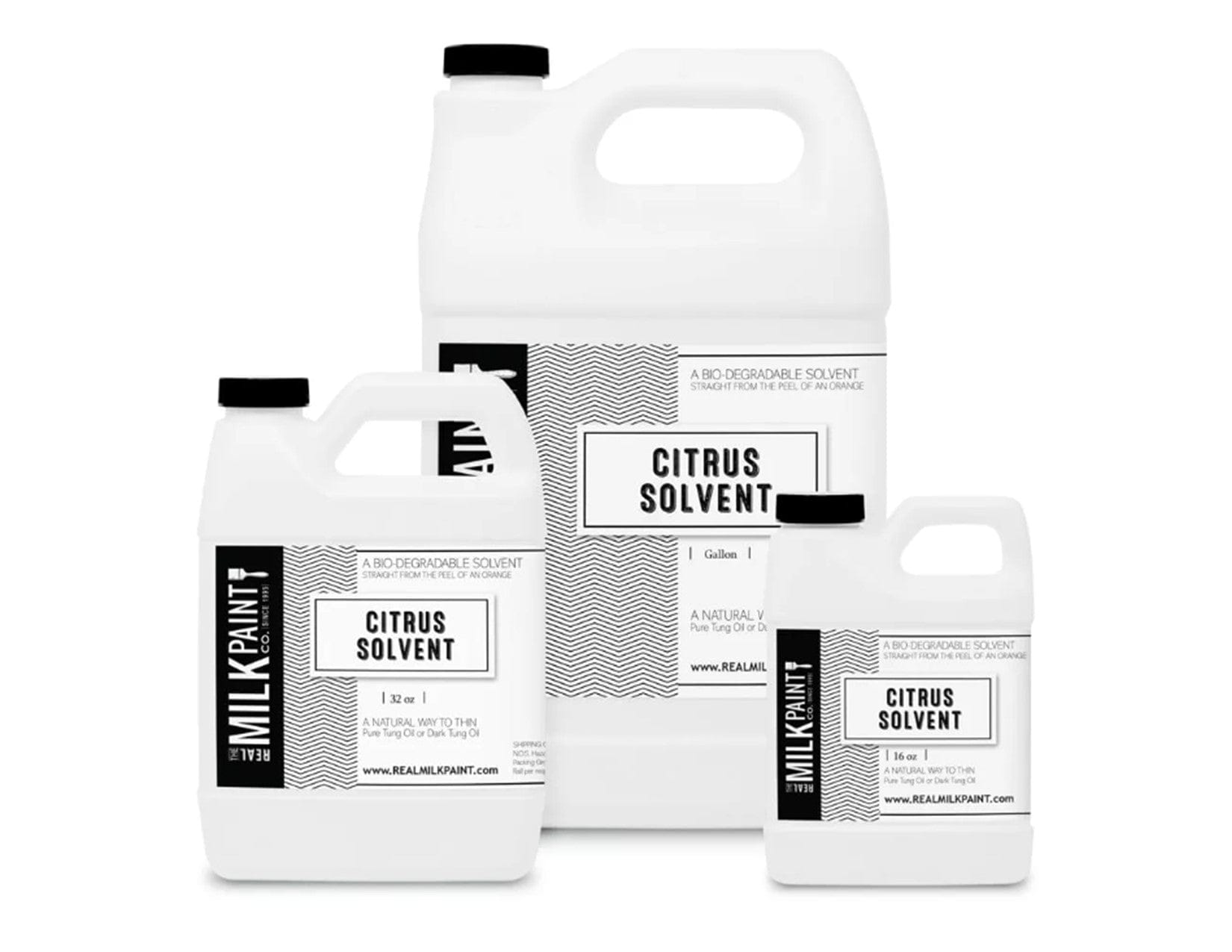 Three white containers labeled "Citrus Solvent," designed in black and white with "RMP" branding, showcase an eco-friendly paint thinner famous for its natural degreaser properties.