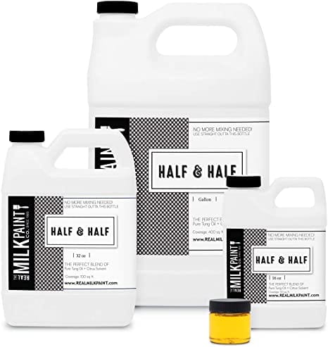 Three bottles of RMP's Half & Half Tung Oil product, containing Pure Tung Oil for a food contact safe finish, are shown in various sizes next to a small yellow container.