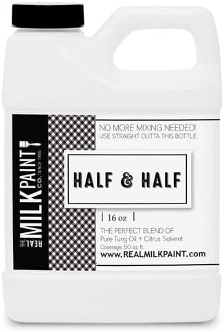 A 16 oz bottle of RMP's Half & Half Tung Oil, expertly labeled as a food contact safe blend of Pure Tung Oil and Citrus Solvent.