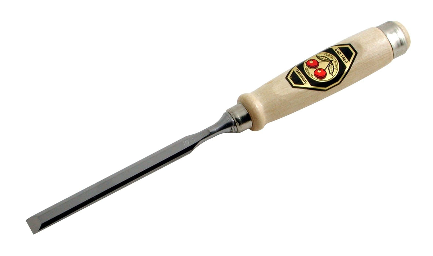 The Two Cherries Beveled Edge Chisel by ROB boasts a finely polished finish, featuring a flat metal blade and a lightweight wooden handle, epitomizing high-quality German craftsmanship.