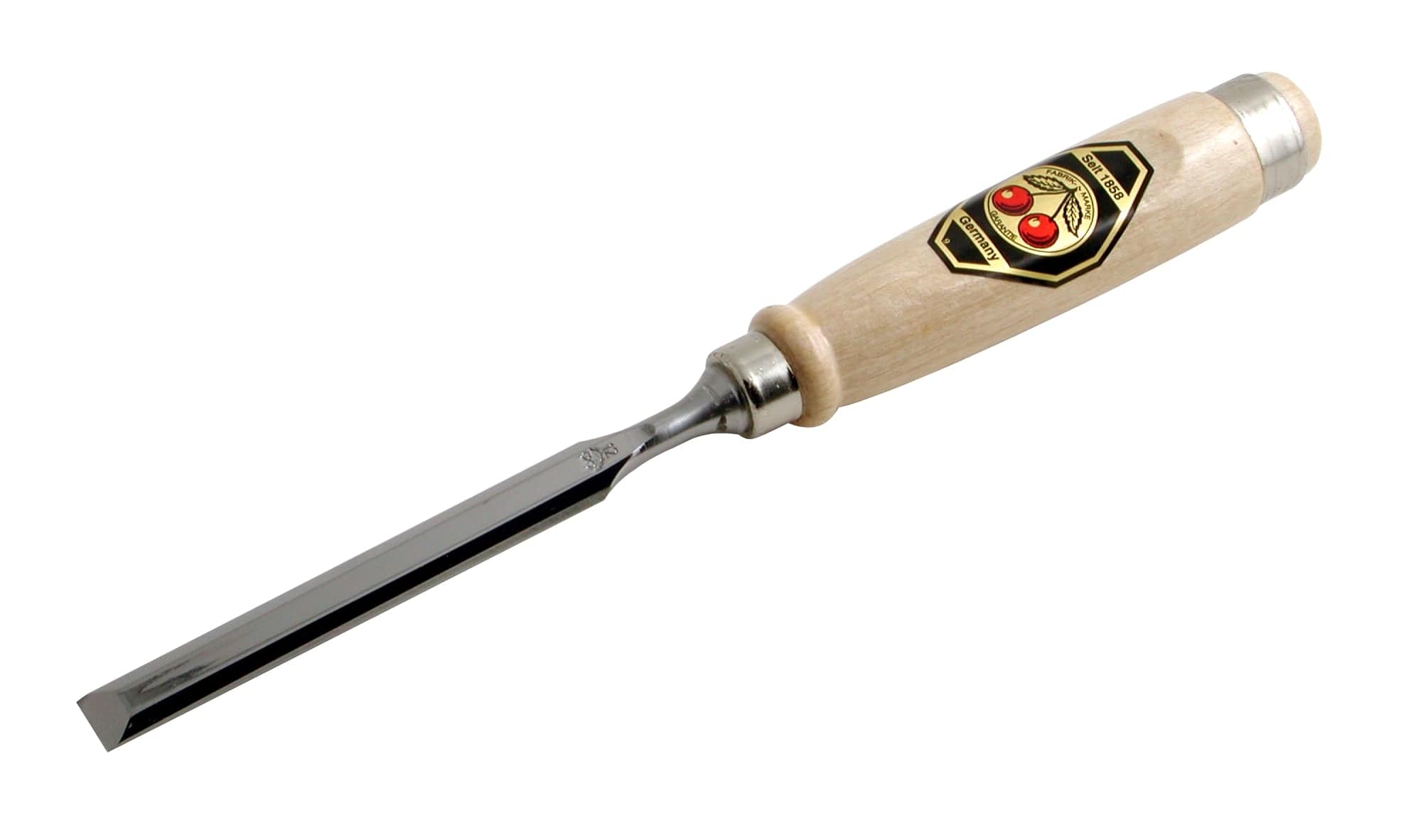 The Two Cherries Beveled Edge Chisel by ROB is a high-quality German woodworking tool, featuring a metal blade with Rockwell hardness 61C and a wooden handle adorned with a decorative label.