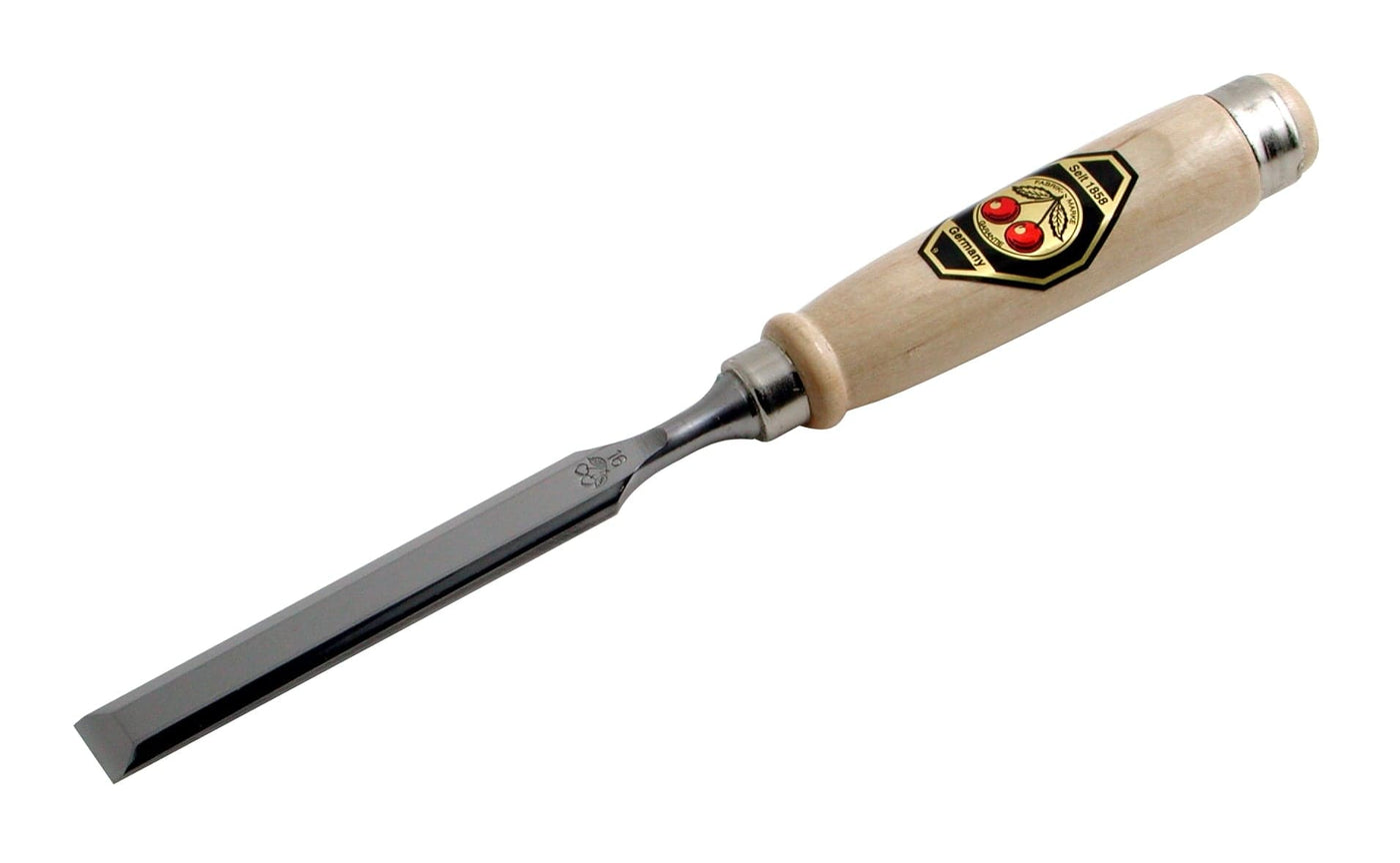 The Two Cherries Beveled Edge Chisel by ROB is a top-tier German wood chisel featuring a polished finish, a sturdy wooden handle adorned with the logo, and a durable metal blade.