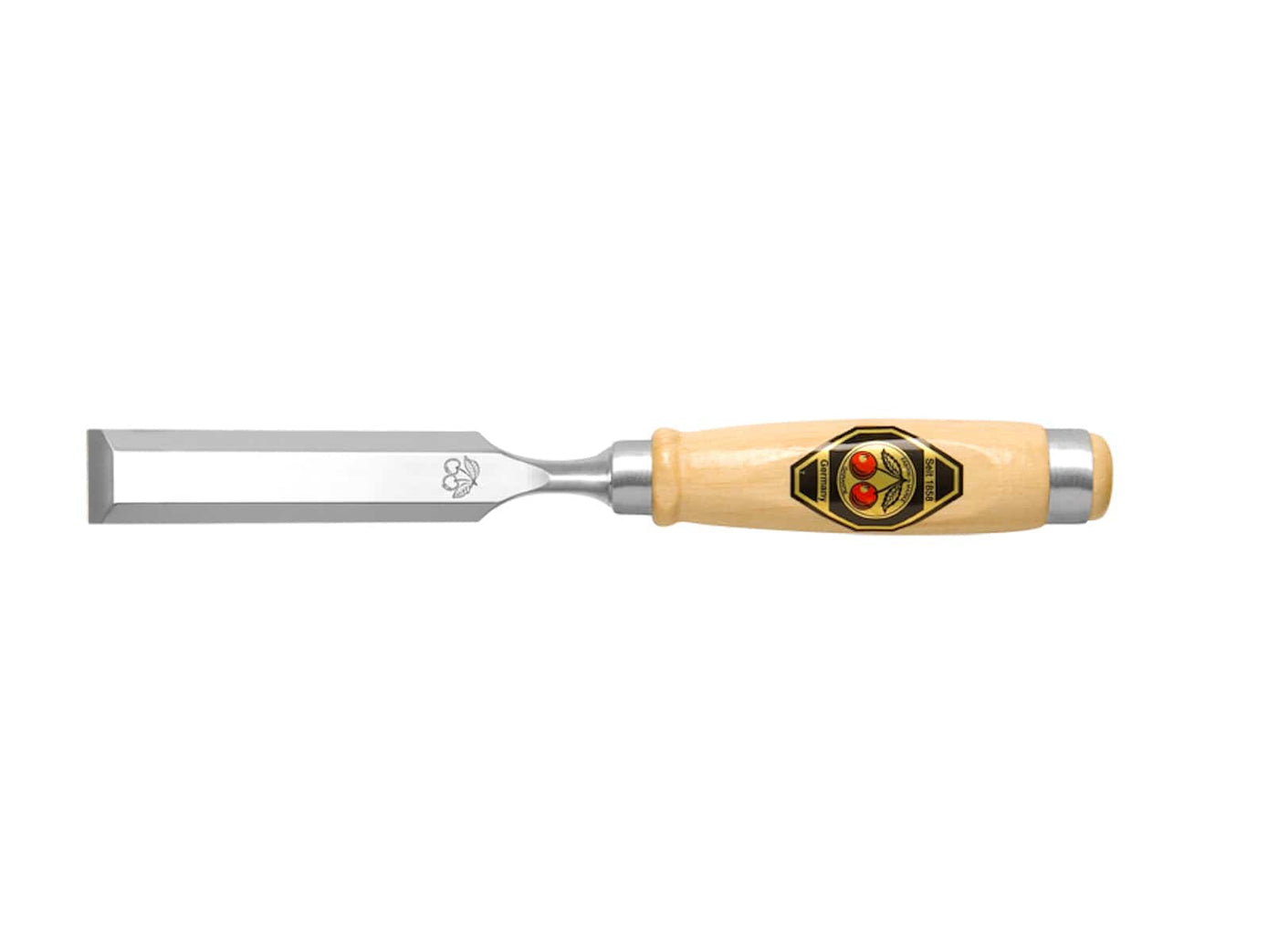 The Two Cherries Beveled Edge Chisel by ROB is made from high-quality German steel, featuring a wooden handle and a metal blade with Rockwell hardness of 61C, all showcased against a white background.