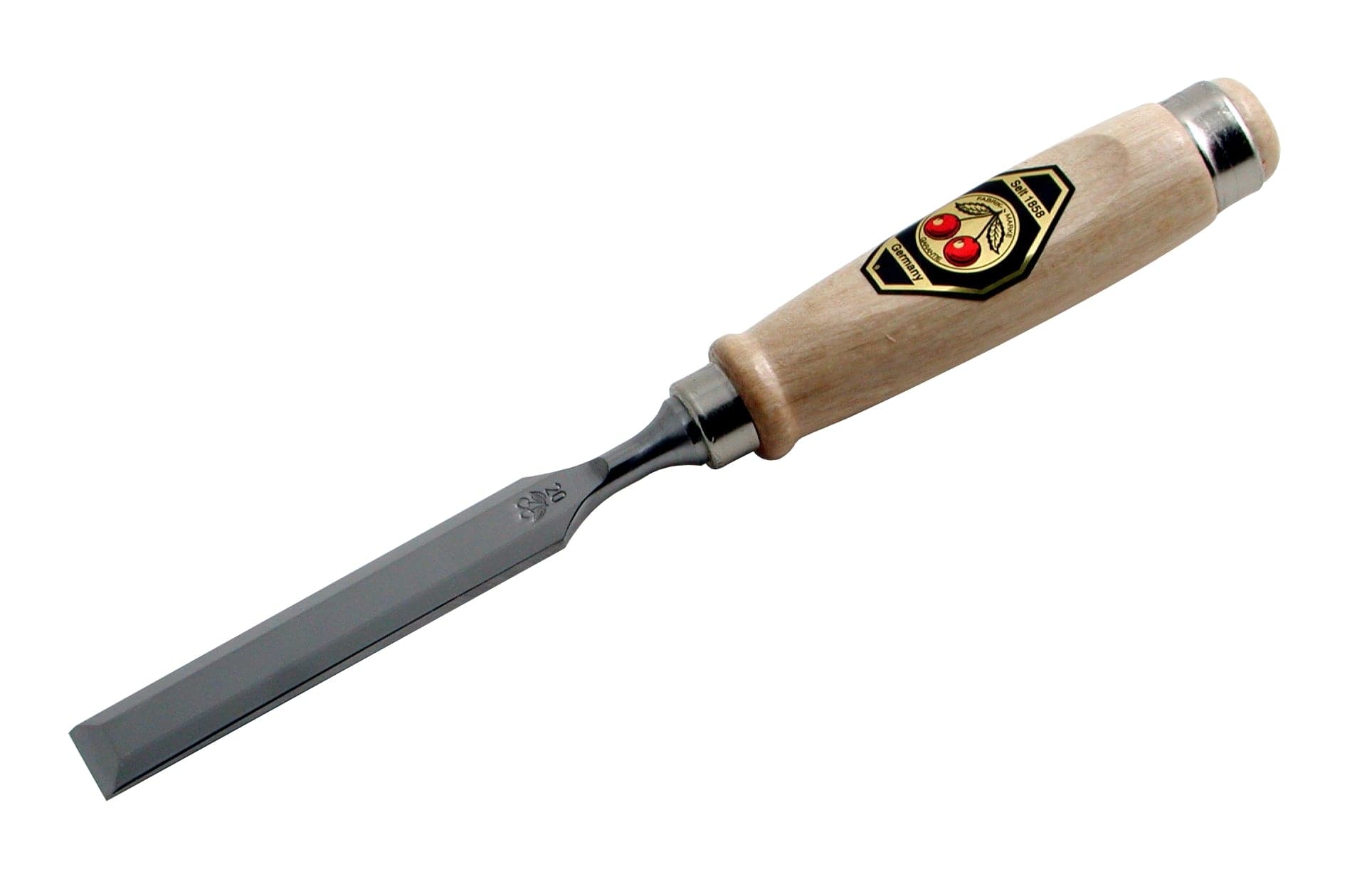 The Two Cherries Beveled Edge Chisel from ROB features a wooden handle and a metal blade crafted from German steel, celebrated for its Rockwell hardness of 61C. The handle is adorned with the brand's logo, underscoring its reputation as one of the highest quality chisels available.