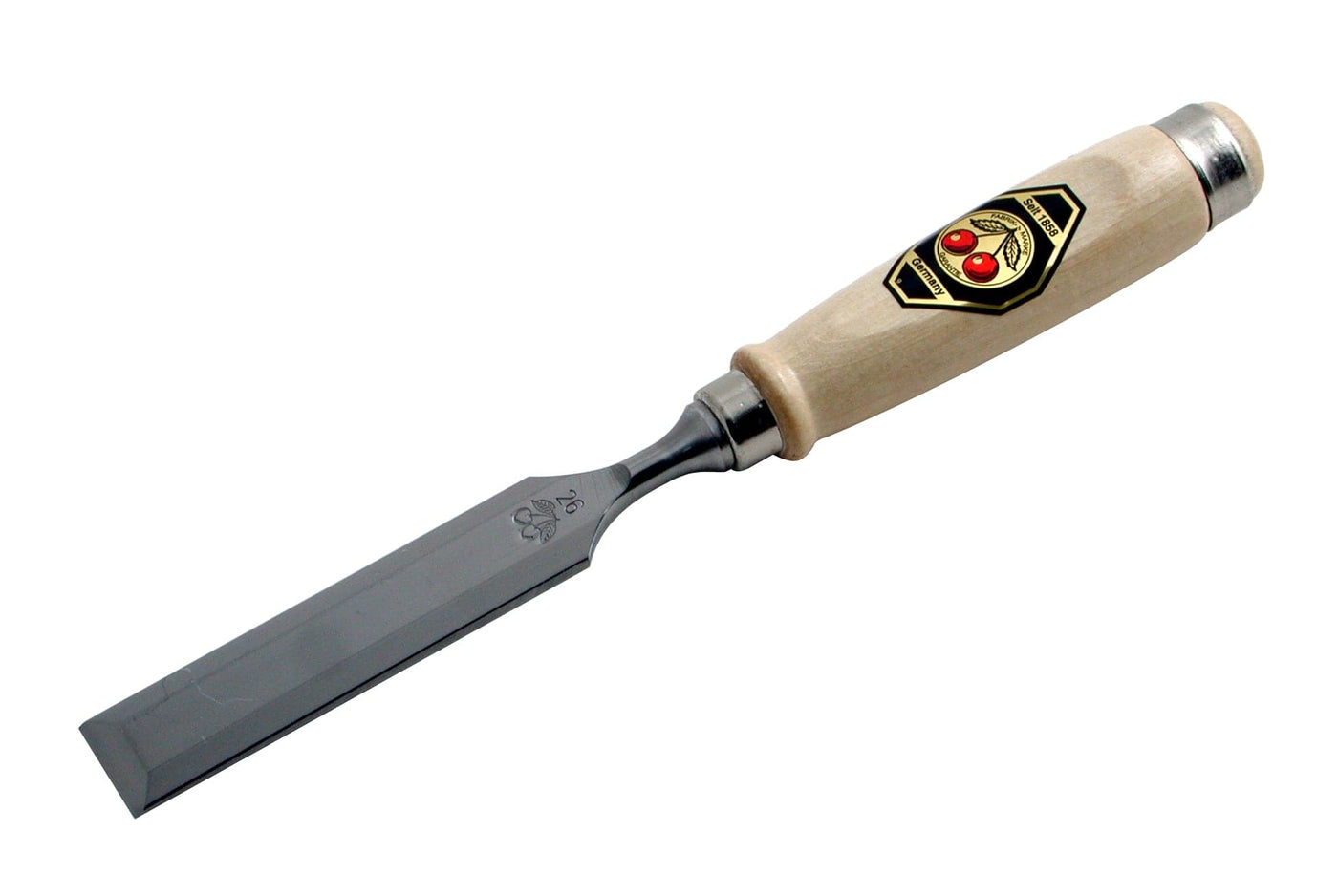 The Two Cherries Beveled Edge Chisel by ROB features a sharp blade made from German steel with a Rockwell hardness of 61C, complemented by a durable wooden handle.