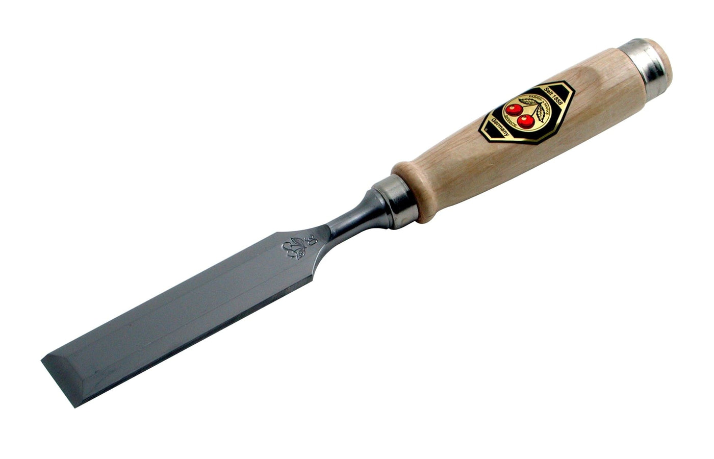 The Two Cherries Beveled Edge Chisel from the ROB brand is made with premium German steel, featuring a metal blade and a wooden handle as hallmarks of the highest quality tools.