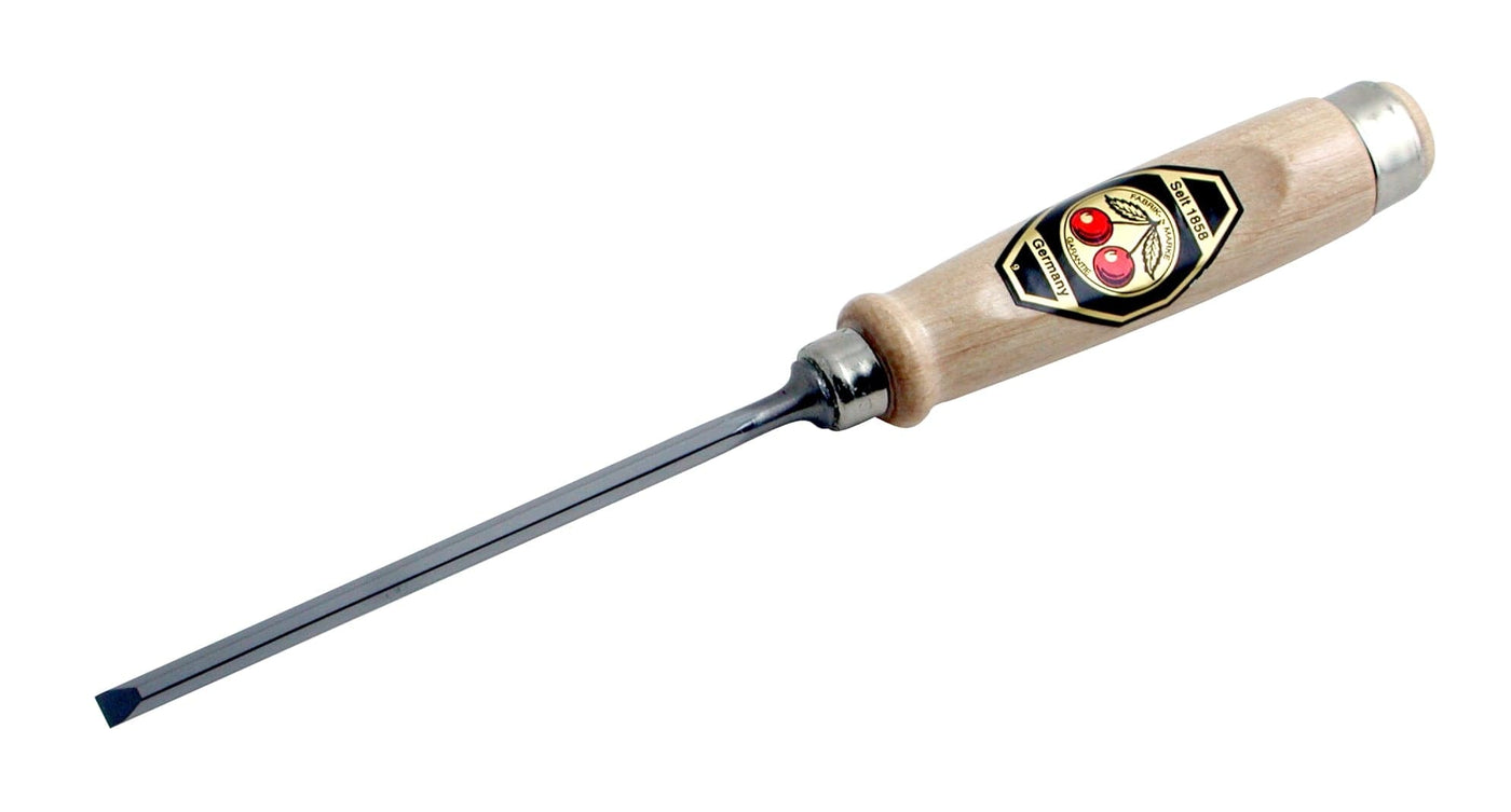 Introducing the ROB Two Cherries Beveled Edge Chisel, designed with a wood handle and a metal shaft crafted from premium German steel, complete with a label that signifies its superior quality.