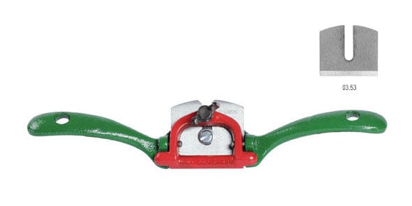The ROB Adjustable Mouth Spokeshave features green handles, a red frame, and a central blade adjustment screw. It measures 260 mm long with a 52 mm iron. The upper right shows a close-up of its replacement blade.