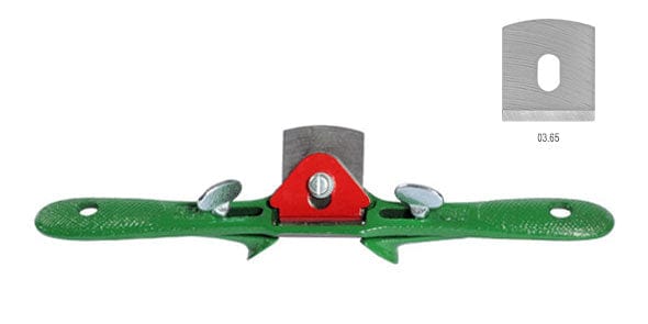 Displayed is the Chamfering Spokeshave from ROB, a green and red tool featuring a sharp metal blade for shaping wood. An inset image highlights the blade's edge, ideal for crafting precise chamfers.