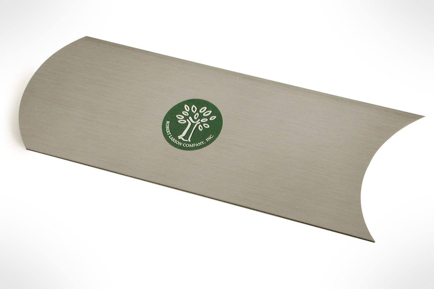 A cabinet scraper by ROB, made from high-quality German steel, features a curved edge and a green logo with a tree design at the center.