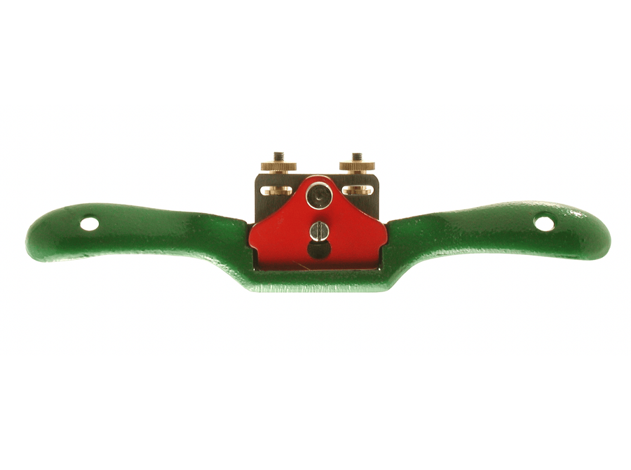 The ROB Kunz Spokeshave with Adjustable Blade features green handles and a red adjustable blade holder, ideal for shaping and smoothing wood.