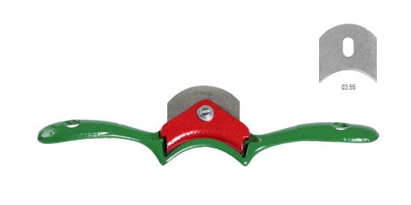 A ROB Hollow Edge Spokeshave with green handles and a red blade holder, featuring a curved metal blade with a concave center edge. An inset highlights the blades rounded top and central hole.