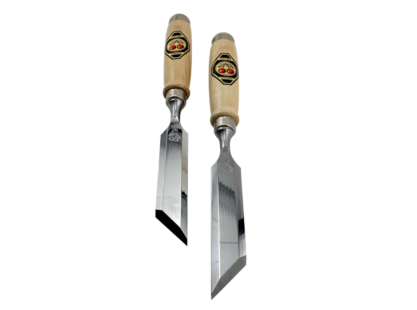 The ROB Two Cherries Beveled Skew Chisel Pair has wooden handles and shiny metal blades, ideal for precision work, standing upright against a white background—perfect for any craftsperson's toolkit.