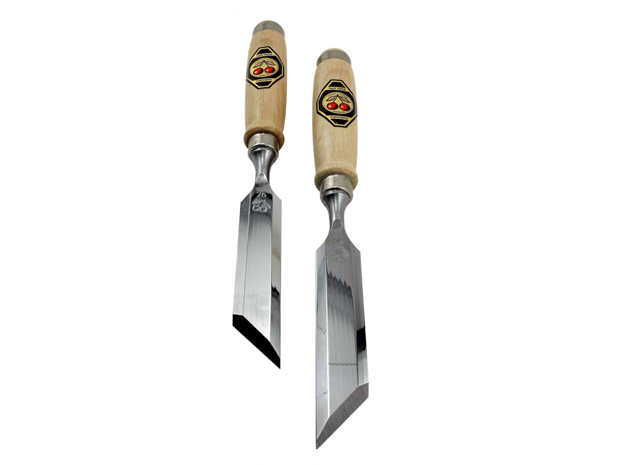 The ROB Two Cherries Beveled Skew Chisel Pair has wooden handles and shiny metal blades, ideal for precision work, standing upright against a white background—perfect for any craftsperson's toolkit.