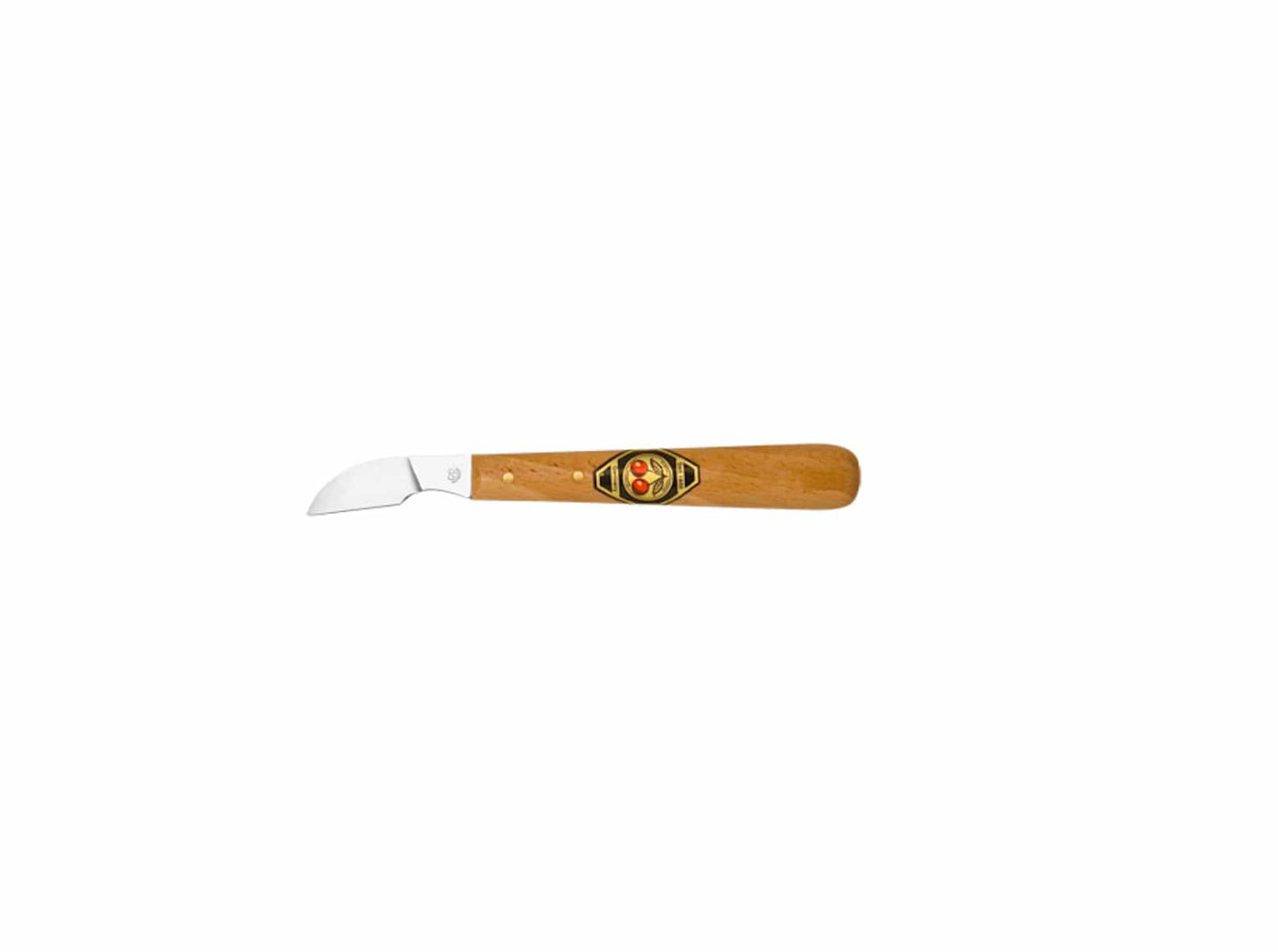 The ROB Two Cherries Chip Carving Knife 3352 features a beautifully crafted curved blade and a wooden handle with decorative inlay, making it an ideal choice for woodworking crafts enthusiasts.