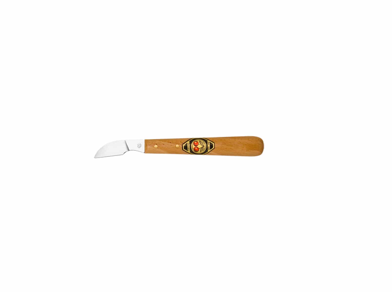 The ROB Two Cherries Chip Carving Knife 3352 features a beautifully crafted curved blade and a wooden handle with decorative inlay, making it an ideal choice for woodworking crafts enthusiasts.