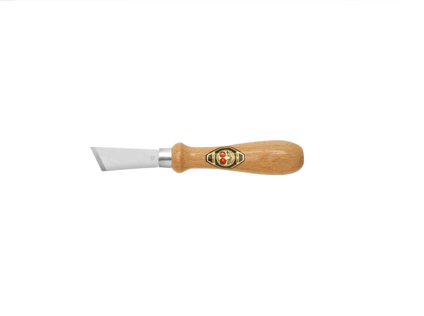 The ROB Two Cherries Chip Carving Knife 3357 features a short, straight steel blade and polished wooden handle with a decorative emblem—ideal for chip carving and woodworking. The knife is centered on a plain white background.