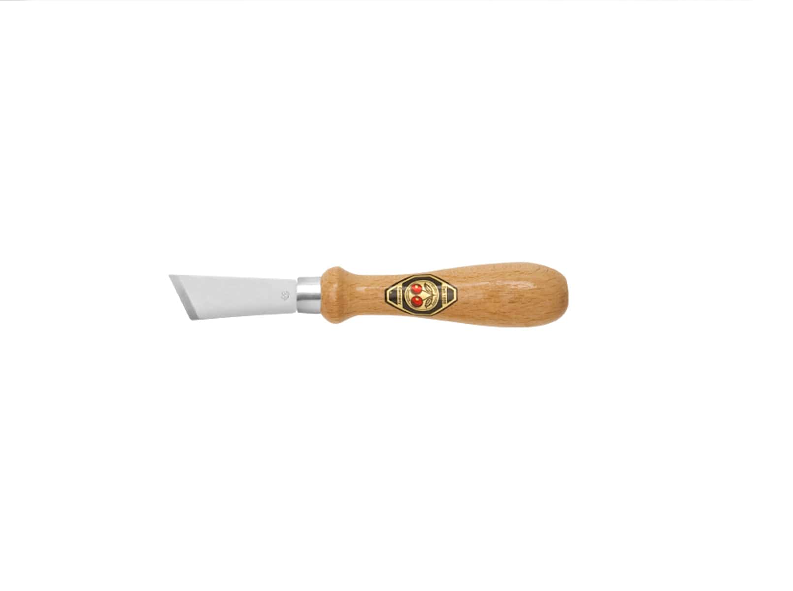 The ROB Two Cherries Chip Carving Knife 3357 features a short, straight steel blade and polished wooden handle with a decorative emblem—ideal for chip carving and woodworking. The knife is centered on a plain white background.
