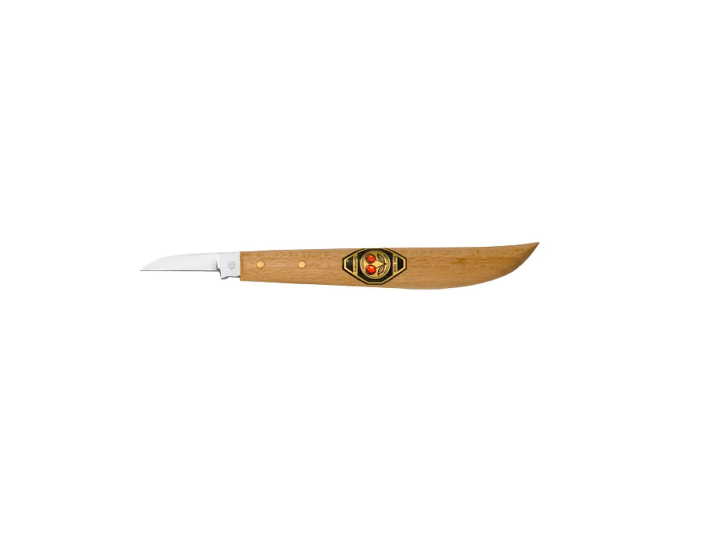 The ROB Two Cherries Chip Carving Knife 3358 features a light wooden handle adorned with a small emblem and a straight, pointed steel blade, perfect for woodworking enthusiasts.