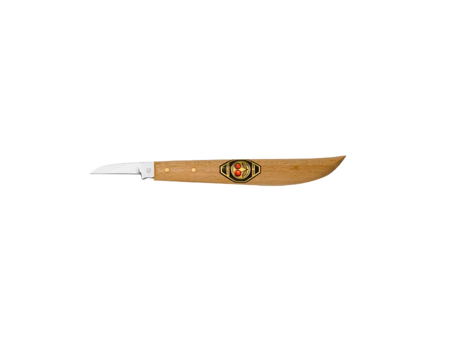 The ROB Two Cherries Chip Carving Knife 3358 features a light wooden handle adorned with a small emblem and a straight, pointed steel blade, perfect for woodworking enthusiasts.