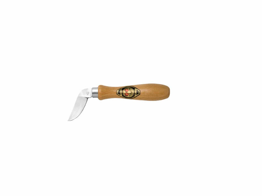 The ROB Two Cherries Chip Carving Knife 3360 features a curved metal blade and a wooden handle with a decorative emblem—perfect for woodworking crafts. The knife is shown against a plain white background.