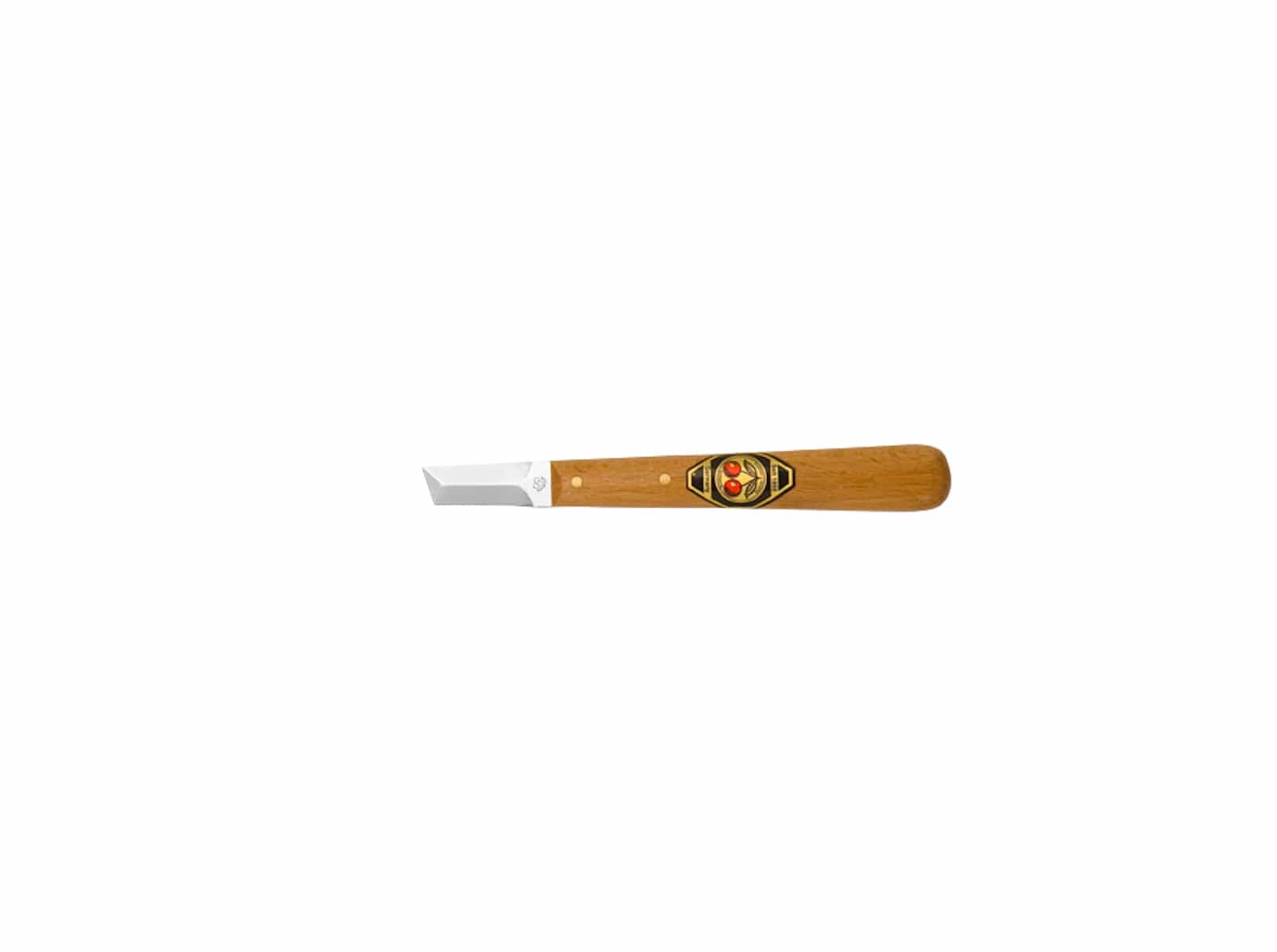 The ROB Two Cherries Chip Carving Knife 3361 features a wood handle with a decorative logo and a short, angled metal blade, ideal for chip carving—shown isolated on a white background.