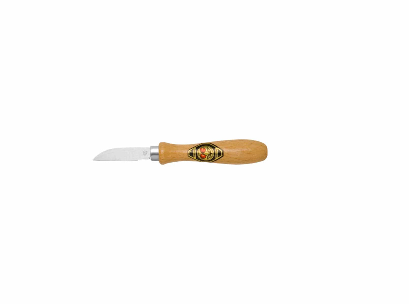 The ROB Two Cherries Chip Carving Knife 3362 features a short, curved stainless steel blade and a light brown wooden handle with an oval emblem—ideal for woodworking crafts. Displayed on a plain white background.