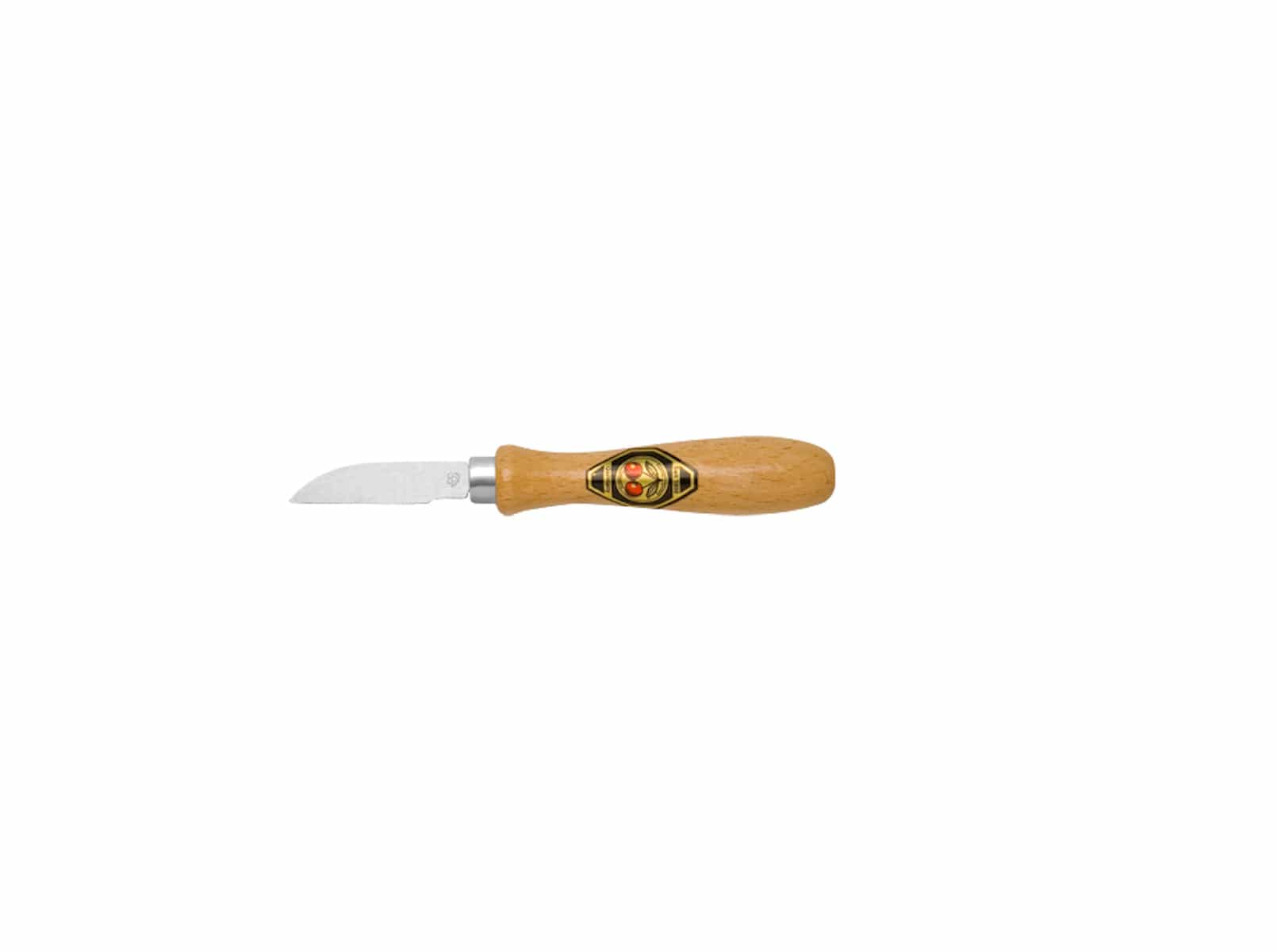The ROB Two Cherries Chip Carving Knife 3362 features a short, curved stainless steel blade and a light brown wooden handle with an oval emblem—ideal for woodworking crafts. Displayed on a plain white background.