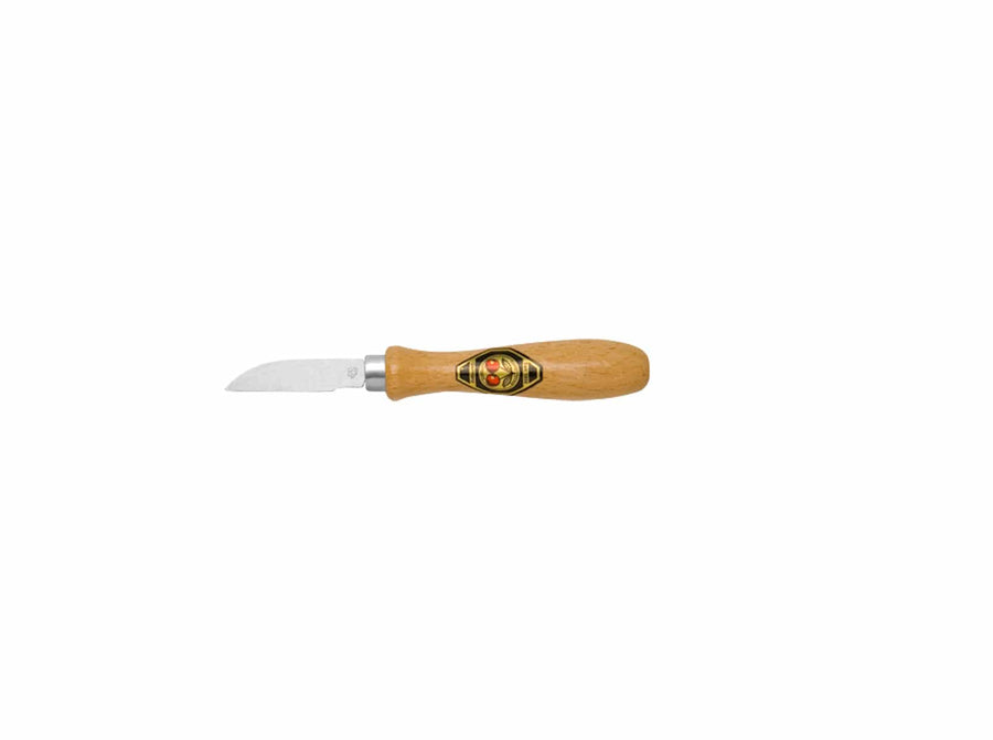 The ROB Two Cherries Chip Carving Knife 3362 features a short, curved stainless steel blade and a light brown wooden handle with an oval emblem—ideal for woodworking crafts. Displayed on a plain white background.