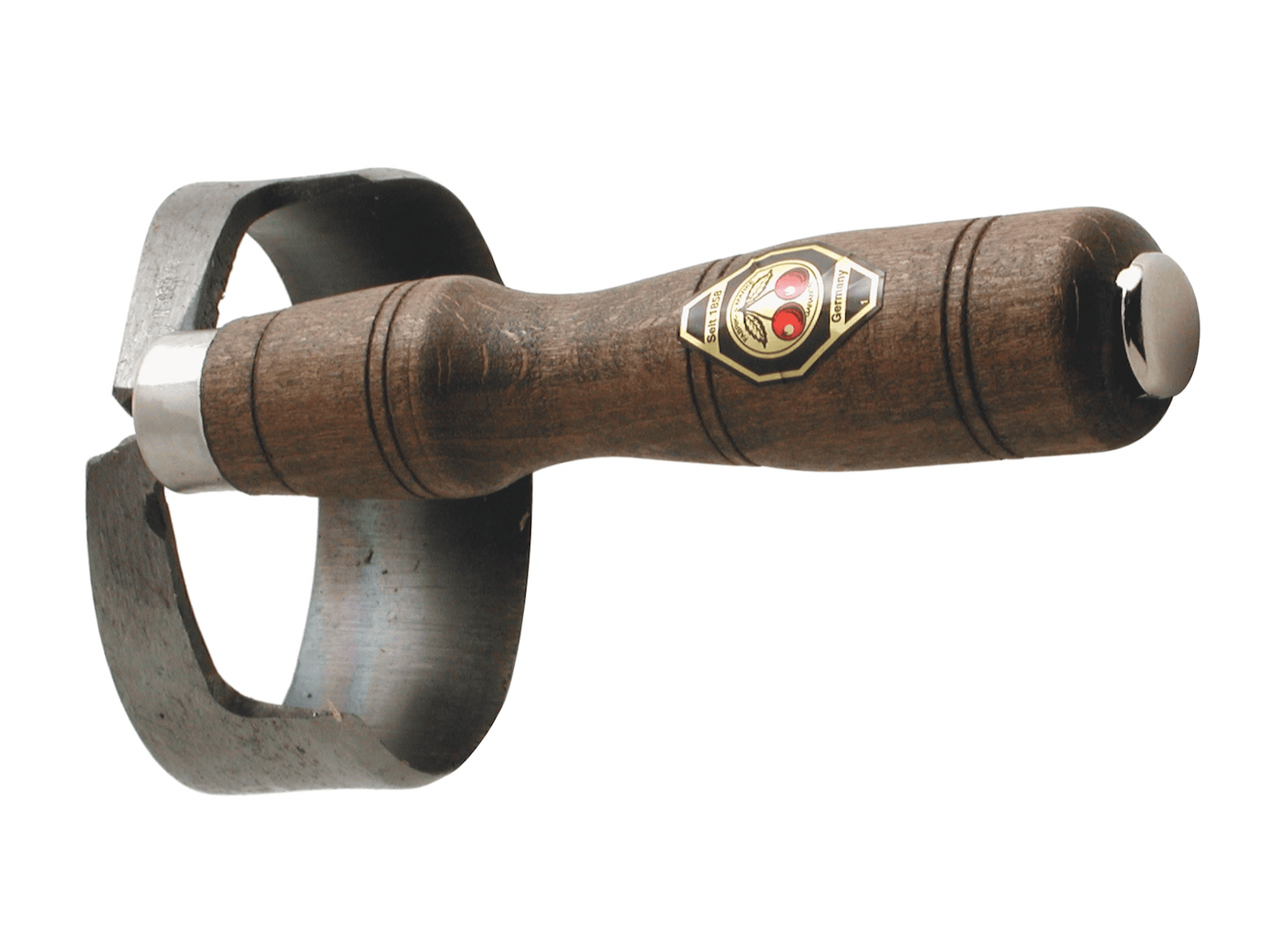 The ROB Two Cherries Scorp is a metal hoof knife with a curved blade and wooden handle, featuring a branded label. Its precisely designed blade width ensures accurate trimming.