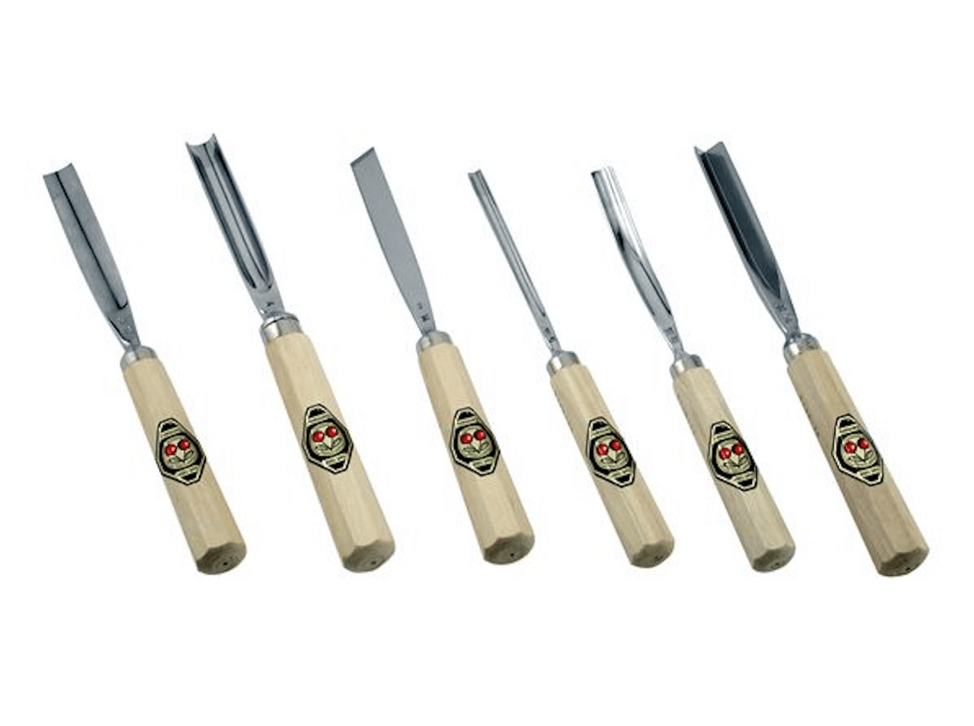 The ROB Two Cherries Set of 6 Carving Tools includes chisels with light wooden handles and metal blades in assorted shapes and sizes, neatly arranged in a row on a white background and packaged in a cardboard box.