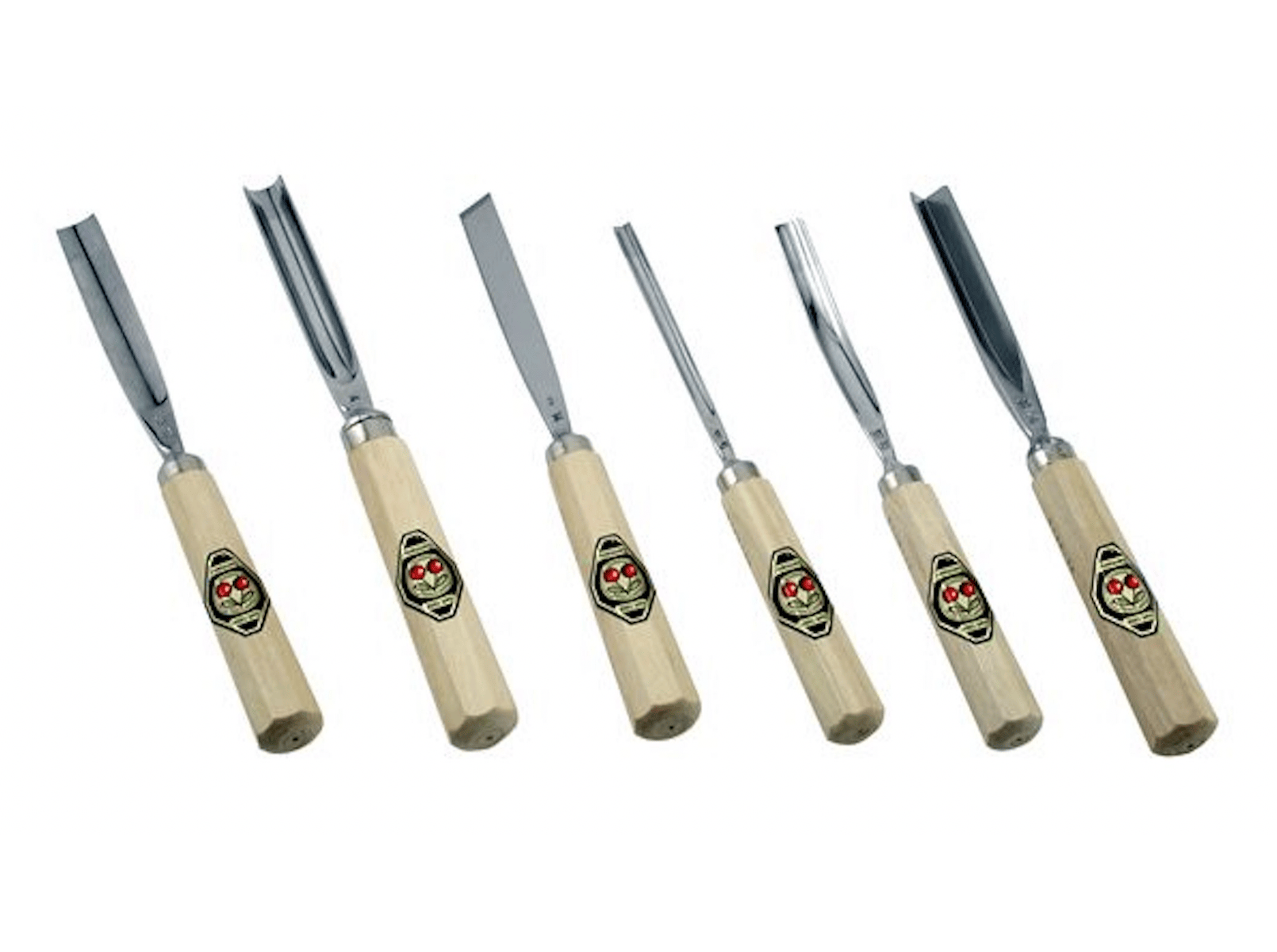 The ROB Two Cherries Set of 6 Carving Tools includes chisels with light wooden handles and metal blades in assorted shapes and sizes, neatly arranged in a row on a white background and packaged in a cardboard box.