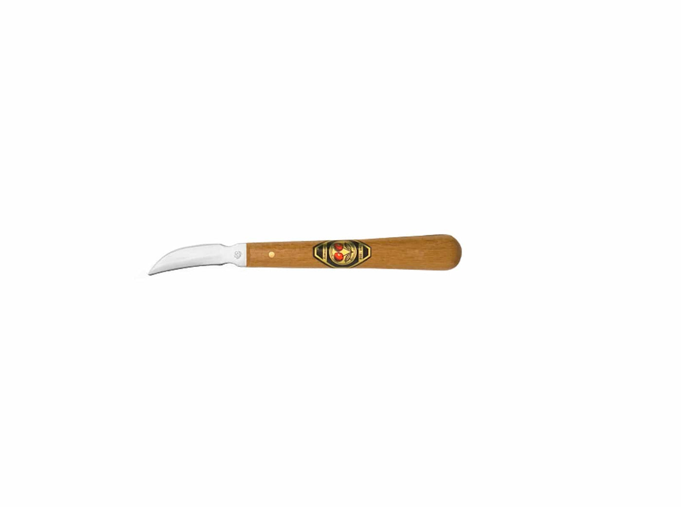 The ROB Two Cherries Chip Carving Knife has a double-sided curved edge blade and a hornbeam handle with a decorative emblem at its center, shown against a white background.