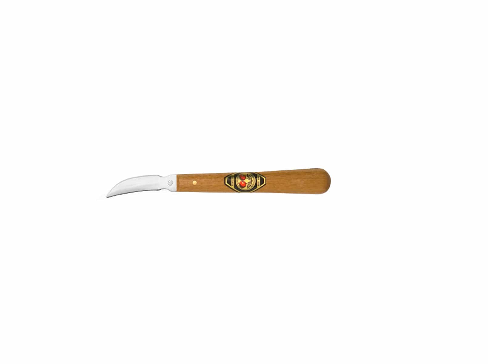 The ROB Two Cherries Chip Carving Knife has a double-sided curved edge blade and a hornbeam handle with a decorative emblem at its center, shown against a white background.