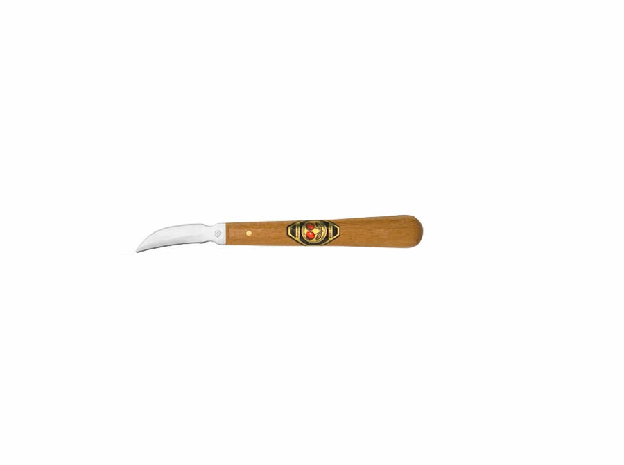The ROB Two Cherries Chip Carving Knife has a double-sided curved edge blade and a hornbeam handle with a decorative emblem at its center, shown against a white background.