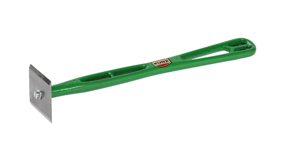 The ROB Glue Scraper is a green metal tool with a flat steel blade at one end and a small knob on the handle, ideal for scraping glue or residue.