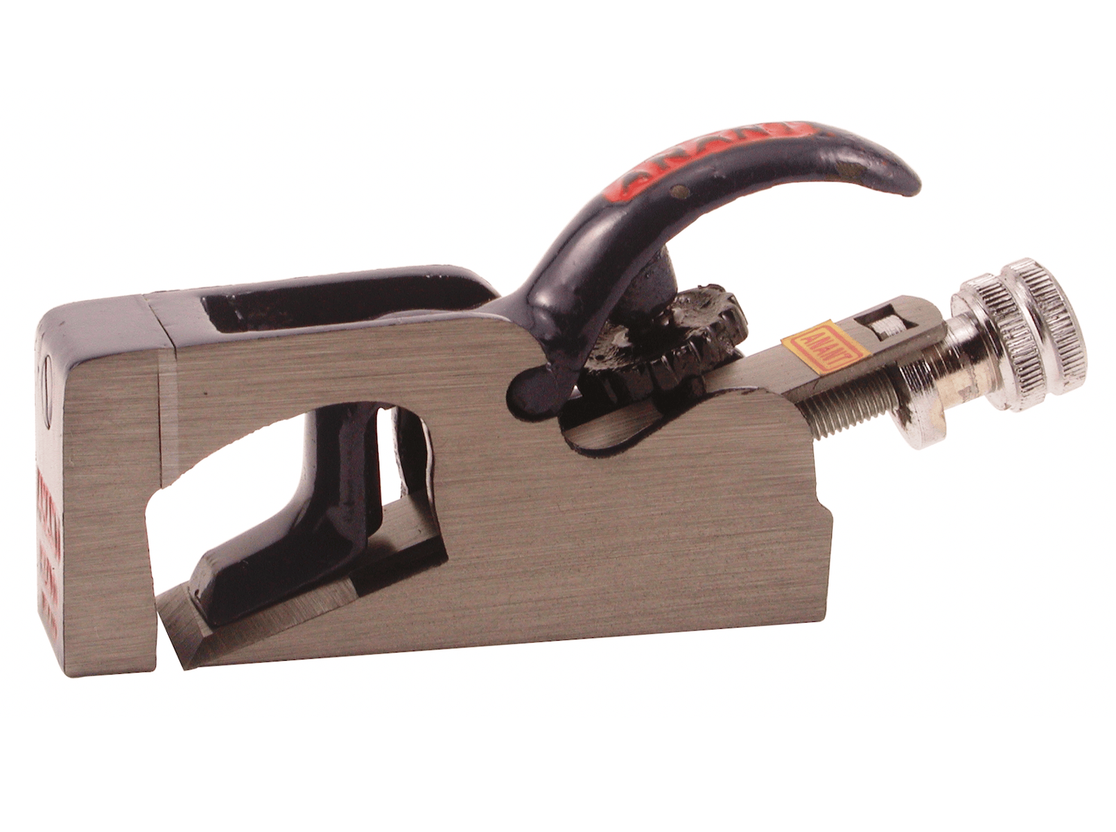 The ROB Bullnose Rebate Plane A77 is a compact metal tool with an adjustable blade, black lever cap, and adjustable mouth—perfect for fine woodworking and smoothing wood surfaces.