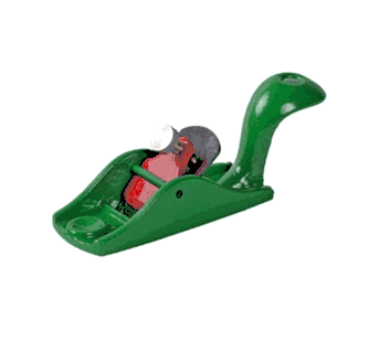 The ROB Pocket Plane with Handle is a green tool featuring a curved handle and exposed metal blade, designed for smoothing or shaping wood surfaces.