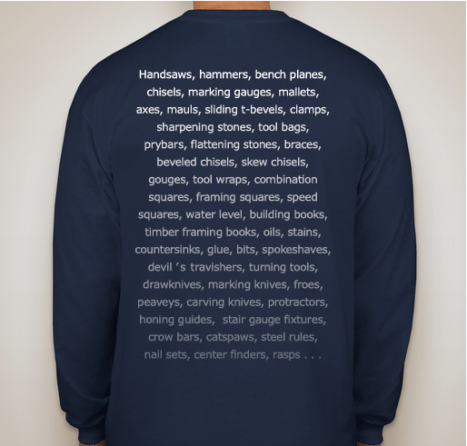 Back view of a person wearing the Long-Sleeve Shelter Tools T-shirt by Shelter Institute, featuring an endless list of woodworking tools printed in rows of white text.