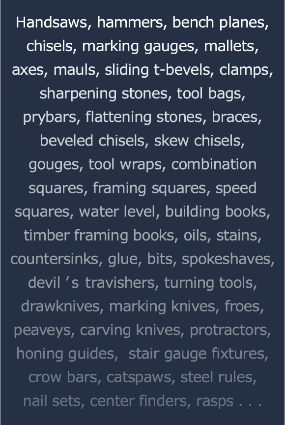 Discover the Long-Sleeve Shelter Tools T-shirt by Shelter Institute, featuring a detailed text listing an endless array of tools and woodworking supplies such as handsaws, hammers, bench planes, clamps, sharpening stones, braces, glue, and more - beautifully displayed in a paragraph format.