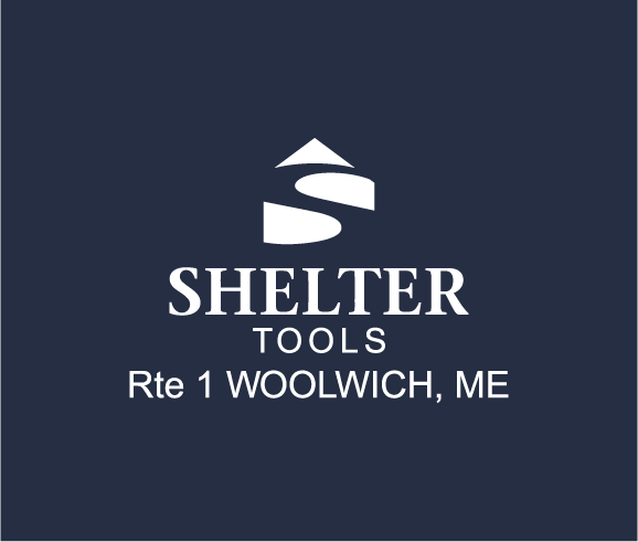 The Long-Sleeve Shelter Tools T-shirt from Shelter Institute features a dark blue background with white text displaying the "Shelter Tools" logo and the address "Rte 1 Woolwich, ME," showcasing their extensive selection of tools through its custom design.