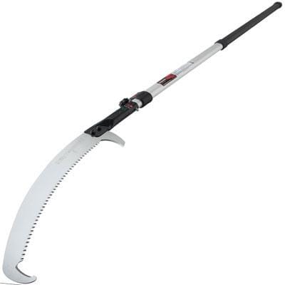 The SHT Aluminum Notch Pole Saw with Silky Hayuchi Blade features a curved, serrated blade and hook, extendable aluminum telescoping pole, and black grip—ideal for pruning branches safely from the ground.