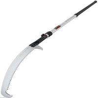 The SHT Aluminum Notch Pole Saw with Silky Hayuchi Blade features a curved, serrated blade and hook, extendable aluminum telescoping pole, and black grip—ideal for pruning branches safely from the ground.
